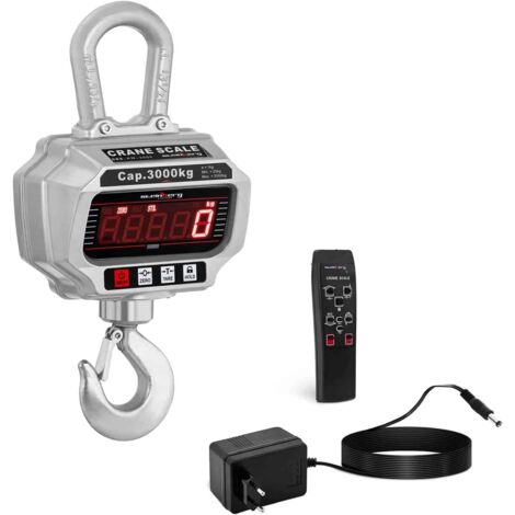 Báscula de grúa profesional con gancho de pesaje SBS-KW-3000 (3 t/1 kg, kg/lbs/N, aluminio fundido, batería de 6 V/4 Ah, LED - 35 mm (1,4 pulgadas))
