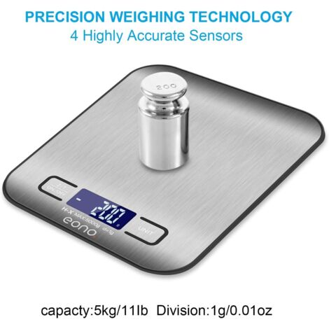Báscula digital de cocina/repostería de acero inoxidable de alta calidad con función de gramos y onzas, capacidad máxima de 5 kg en incrementos de 1 kg (recargable)