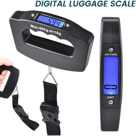 Báscula electrónica digital para equipaje de 50 kg, portátil y fácil de usar, ideal para viajar.