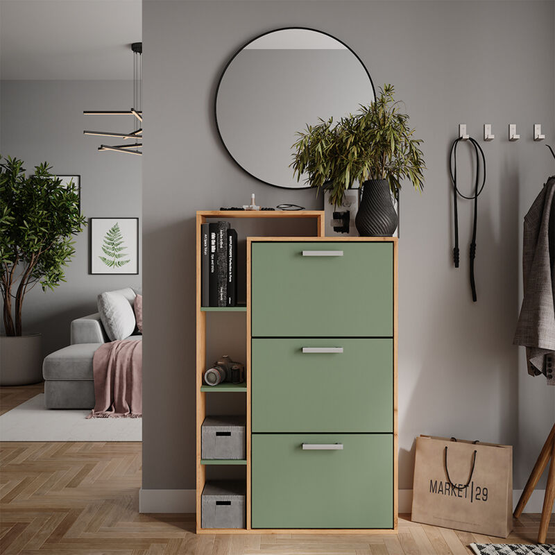 Vicco - Benne à chaussures Orlando, Force d'or Chêne/Vert, 80x128.3cm avec 3 compartiments