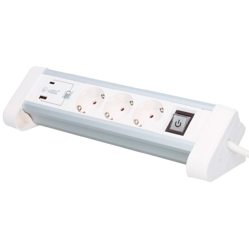 Base de bureau multiple 3T + 1 usb a + 1 usb Type c + Int (3x1,5 mm) 1,4 m Blanc