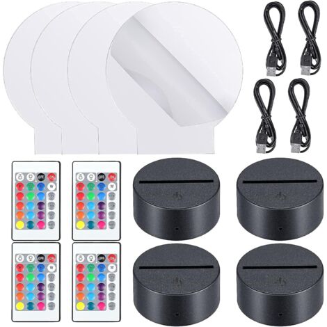 Base de lámpara LED de luz nocturna 3D de 4 piezas con 4 placas acrílicas transparentes, 4 controles remotos y 4 cables de carga, ajustable, 16 colores, 4 modos para habitación de niños, barra (estilo