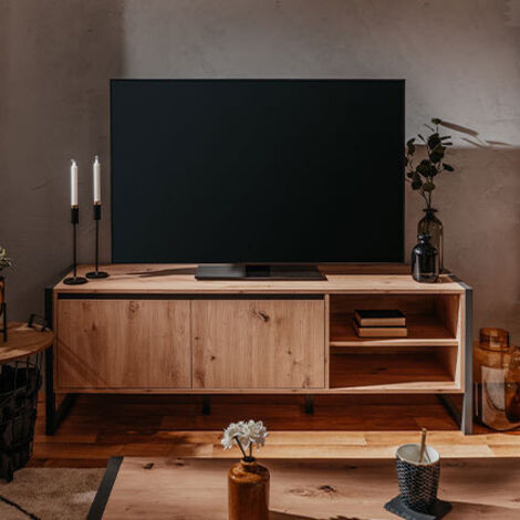 Meuble TV en chêne anthracite 160 cm – 2 portes et 2 niches – Dimensions L160 x H55 x P40 cm – Design industriel contemporain - CM 160 X
