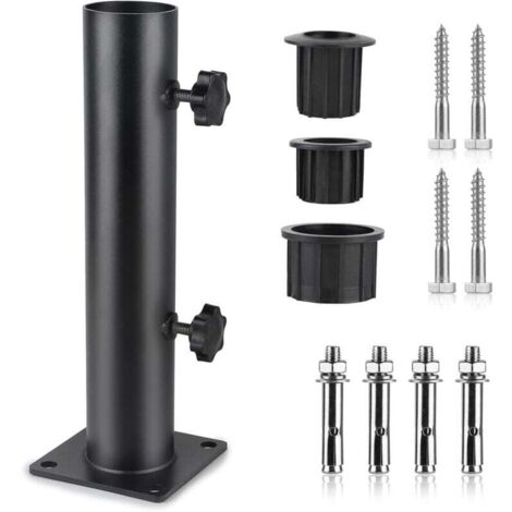 Base de parasol, tube de parasol, support de parasol en métal réglable avec 3 anneaux de réduction en PVC (32/38/48 mm), tube de base de parasol avec 8 clous en acier, noir.
