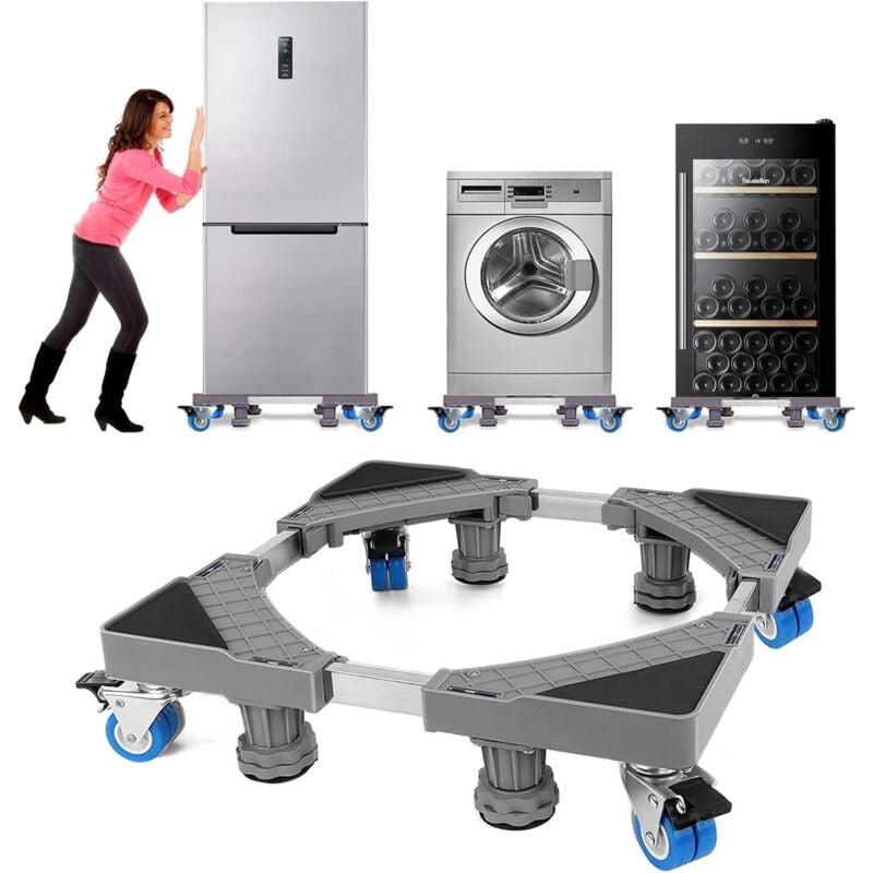 Base de Réfrigérateur Machine à Laver Réglable 41.5cm-65cm Socle Linge Base de Sèche-linge avec 4 Roues et 8 Pieds, Réduction du Bruit Antichoc Effet
