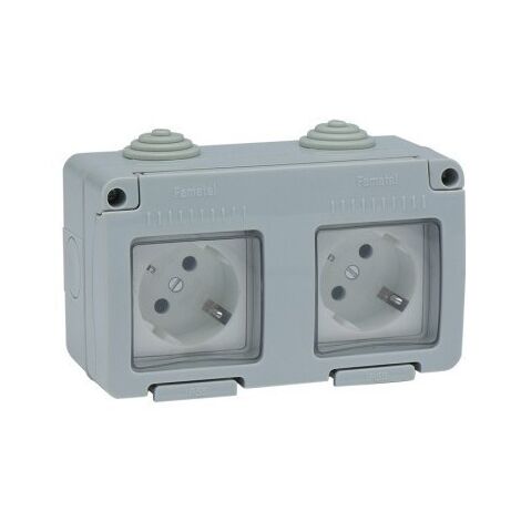 Base Enchufe Electricidad 10Amp250V Sch.Doble Estanco Toma tierra Lateral Ip55 Gris Famat