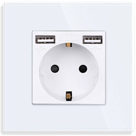 Base enchufe EU 16A + cargador rápido USB A+A,  KOOB frontal cristal blanco