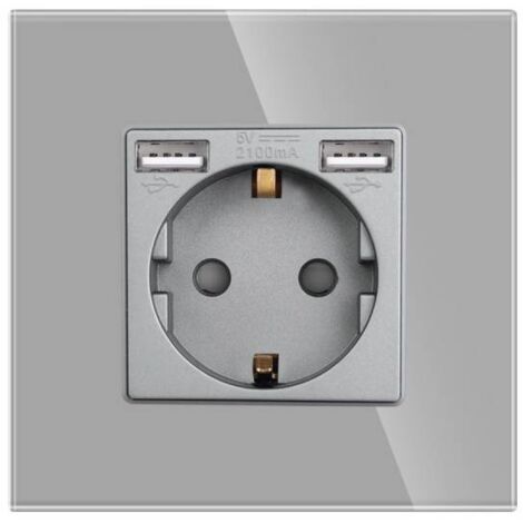 Base enchufe EU 16A + cargador rápido USB A+A,  KOOB frontal cristal gris
