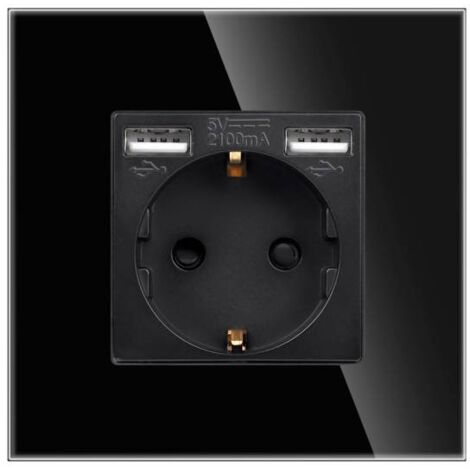 Base enchufe EU 16A + cargador rápido USB A+A,  KOOB frontal cristal negro
