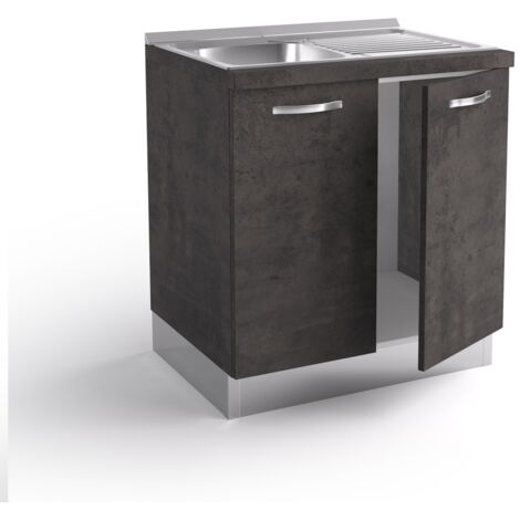 Base fregadero de cocina 80x60x84 cm en madera color lava con fregadero de acero inoxidable y dos puertas - Massa