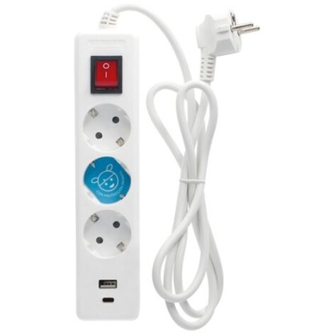 Base múltiple 3T + USB C + A con interruptor (3x1.5mm) 1,4M Blanca