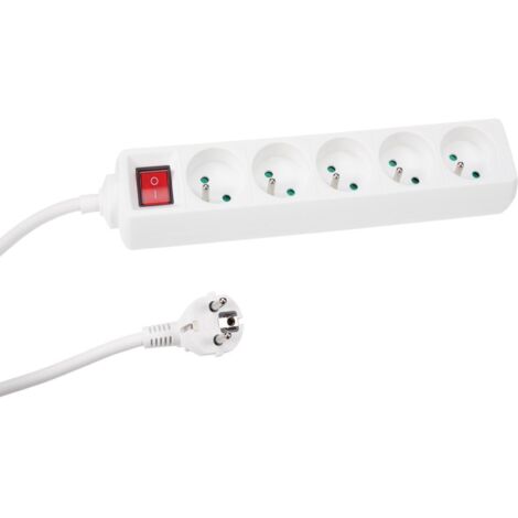 BASE MÚLTIPLE - 5 TOMAS - CON INTERRUPTOR - CABLE: 1.5 m - COLOR BLANCO - TOMA DE TIERRA DE ESPIGA