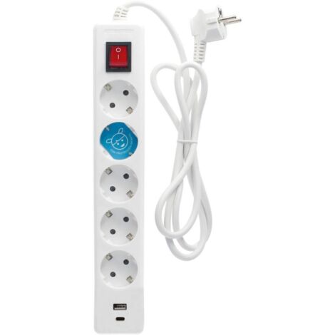 Base multiple 5T+USB C+A avec interrupteur (3x1,5mm) avec câble de 1,4m en polypropylène blanc