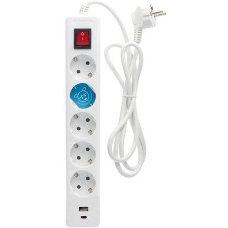 Base múltiple 5T + USB C + A con interruptor (3x1.5mm) 1,4M Blanca