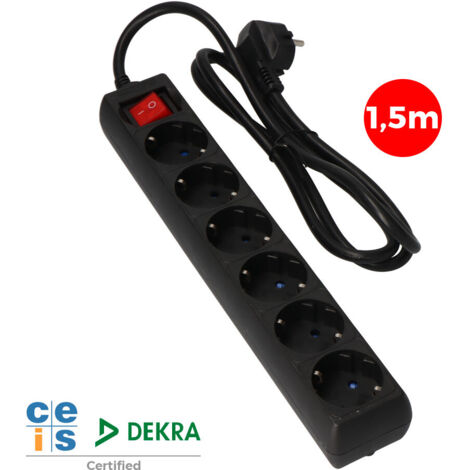 BASE MULTIPLE 6 TOMAS SCHUKO + INTERRUPTOR 1,5m 3x1,5mm COLOR NEGRO EDM