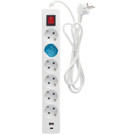Base múltiple 6T + USB C + A con interruptor (3x1.5mm) 1,4M Blanca