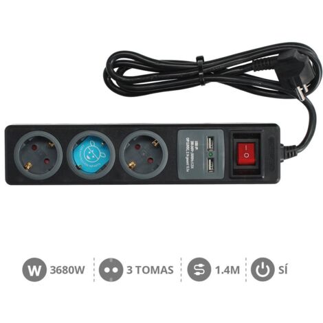 Base múltiple con tres tomas + 2 USB + Interruptor 1,4 metros GSC 000803392
