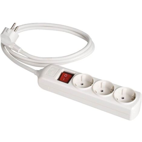 Base múltiple de enchufes 3 tomas 2P+T Schuko con interruptor azul y cable 22,4x5x4,1cm color blanco
