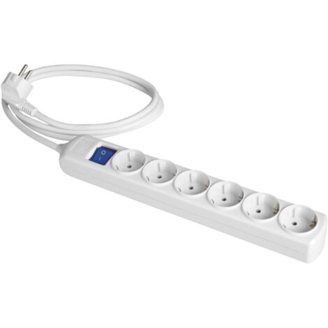 Base múltiple de enchufes 6 tomas 2P+T Schuko con interruptor azul y cable 35,2x5x4,1cm color blanco