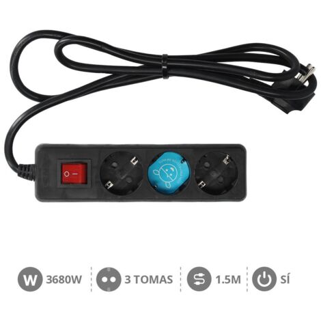 Base múltiple negra de 3 tomas (3T) con cable eléctrico serie standard
