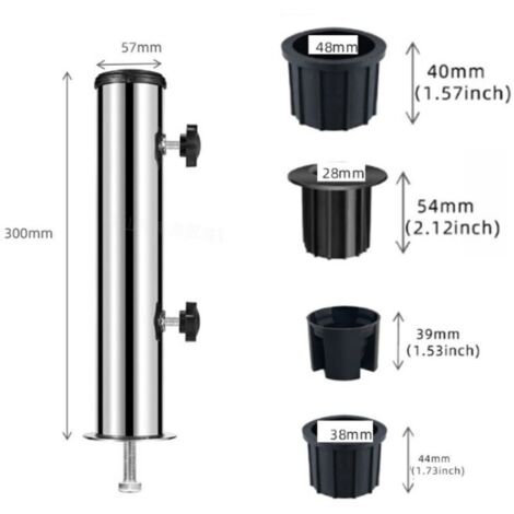 Base per ombrellone, staffa di fissaggio per ombrellone Ø54 mm in acciaio inox, accessori per ombrellone con 4 anelli di riduzione in PVC (Ø28/38/48 mm)