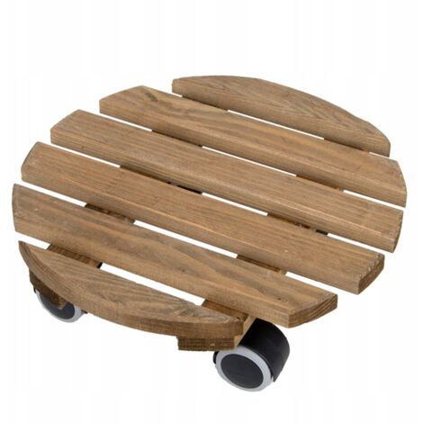 Base rotonda in legno, carrello con ruote, marrone