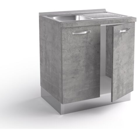 Base sous l’évier de cuisine 80x60x84 cm en bois gris ciment avec évier en acier inoxydable et deux portes - Massa