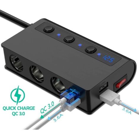 Base splitter per accendisigari da auto, adattatore da 180 W con 4 porte USB, interruttore separato, indicatore di tensione e ricarica rapida QC3.0 per telefoni, tablet e dash cam.