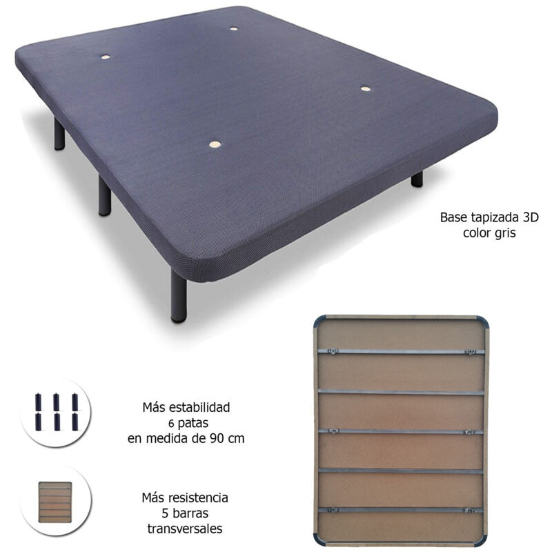 

Base tapizada con 5 barras transversales + 6 o 7 patas de metal, con tejido 3D 90x190 + P 32