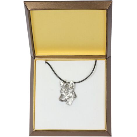 Basenji, Basenji, Congo Dog - un collier avec un chien dans une boîte cadeau, un médaillon plaqué argent pour un amoureux des chiens, un pendentif impressionnant d'Art-Dog