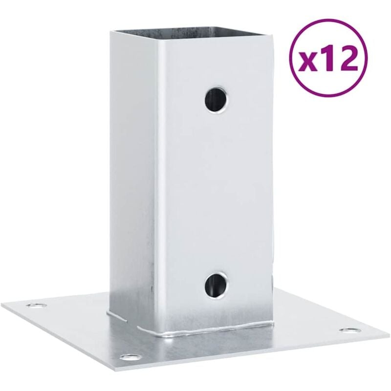 Bases de poteau carrées 12 pcs argent 61x61 mm acier galvanisé vidaXL