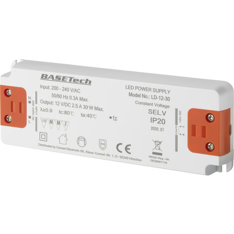 Basetech LD-12-30 LED-Trafo  Konstantspannung 30 W 2.5 A  Möbelzulassung, Überspannung, Montage auf