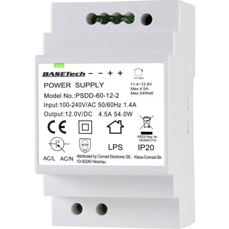 Basetech PSDD-60-12-2 Alimentatore per guida DIN 12 V 4.5 A 54 W Num. uscite:2 x Contenuto 1 pz.