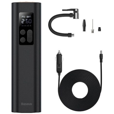Baseus, Mini-Luftpumpe, kompakt und tragbar, mit multifunktionalem Digitaldisplay und schwarzer Notfalltaschenlampe.