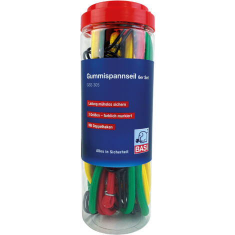 BASI - Gummispannseil 6er Set - GSS 305 - mit Doppelhaken - Länge je 2x 600mm/800mm/1000 mm - Zurrkraft 40 kg - 0004-0305