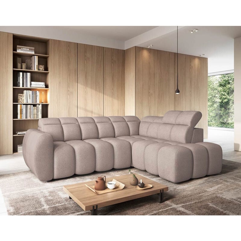 Basile - canapé d'angle droit 4 places assise extensible électrique avec coffre en tissu texturé - taupe