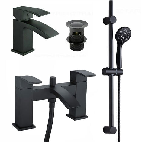 FNX BATHROOMS Basin & Bath Shower Mixer Tap & Shower Slide Rail Kit Matt Black Bathroom Taps