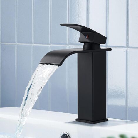 Basin Taps Mixers Black Waterfall Bathroom Sink Taps Bathroom Single Handle Basin Mixer Tap Hot and Cold Water Sink Taps with UK Standard Hoses
