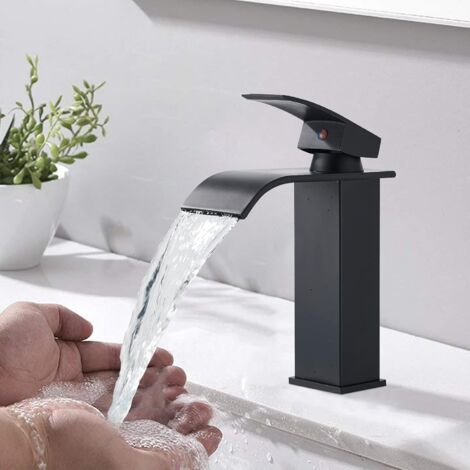 Basin Taps Mixers Black Waterfall Bathroom Sink Taps Bathroom Single Handle Basin Mixer Tap Hot and Cold Water Sink Taps with UK Standard Hoses Zamery