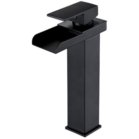 Basin Taps Mixers Waterfall Bathroom Sink Mixer Tap Square Modern Cloakroom Faucet with 2 G3/8 Hoses,Black - B