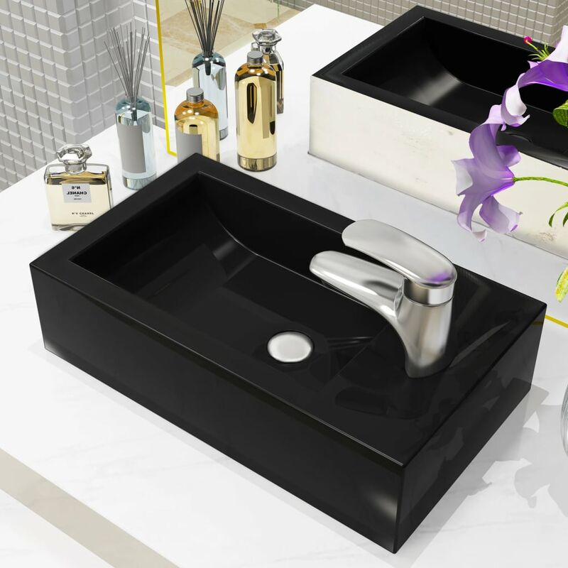 Basin with Faucet Hole Rectangular Ceramic Black 46x25.5x12 cm - Black