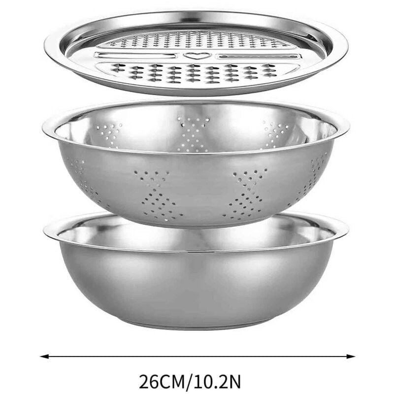 Bassin multifonctionnel en acier inoxydable - Nouvel ensemble de trois pièces comprenant un filtre à passoire, un rotateur à salade, un filtre à riz