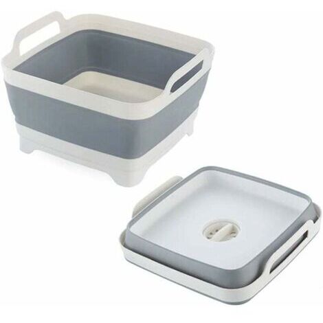 -Bassine Pliable, Lavabo Pliable avec Bouchon de Vidange et Poignées de Transport, Grande Capacité de 9L, évier de Camping-Car pour Légumes, Fruits, Aliments, Lessive (Gris)