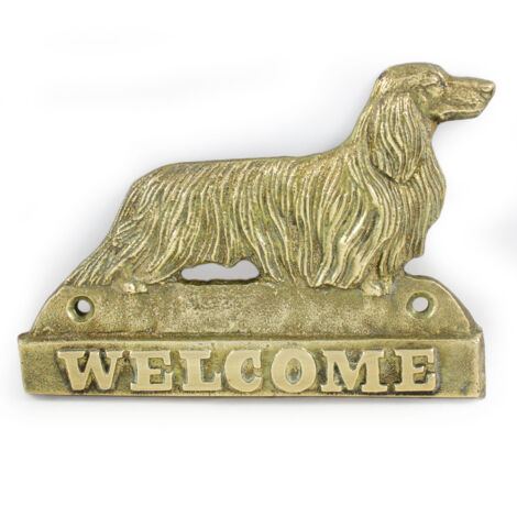 Bassotto a pelo lungo - cartello porta con un cane, targa di benvenuto in ottone, cartello unico con la scritta Welcome di Art-Dog