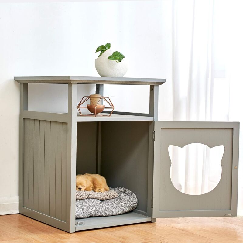 Grey Cat House Nightstand Litter Box Cherry Tree Furniture Bastet Wooden Cat Cave Bedside Cabinet Bedside Tables