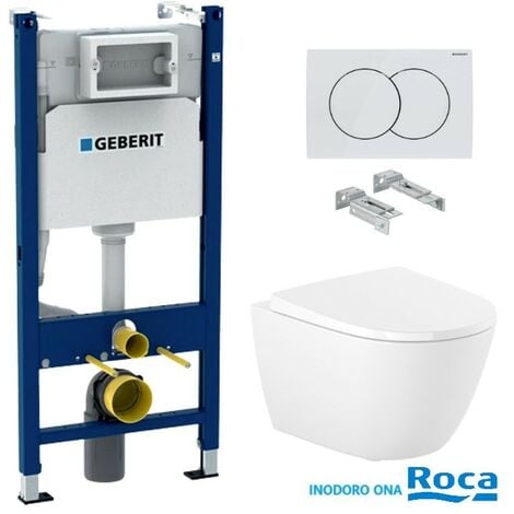 Bastidor GEBERIT Duofix pack cisterna empotrada y pulsador DELTA 01 blan br con inodoro WC suspendido Rim-ex ROCA ONA blanco