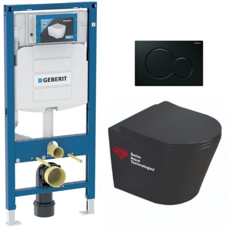 Bastidor Geberit  + Inodoro Swiss Aqua Technologies Infinitio negro mate sin brida + Placa negro oscuro (GebBlackInfinitio)
