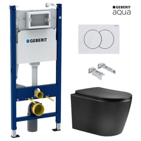 BASTIDOR GEBERIT PACK CISTERNA EMPOTRADA Y PULSADOR DELTA 01 BLANCO BR CON INODORO SUSPENDIDO NEBULA BLACK MATE RIMLESS