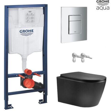 BASTIDOR GROHE CON CISTERNA EMPOTRADA, PULSADOR CROMO BRILLO CON INODORO SUSPENDIDO NEBULA BLACK MATE RIMLESS