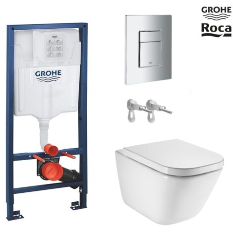 Bastidor GROHE Pack cisterna empotrada y pulsador cromo brillo con inodoro susp ROCA THE GAP rimless